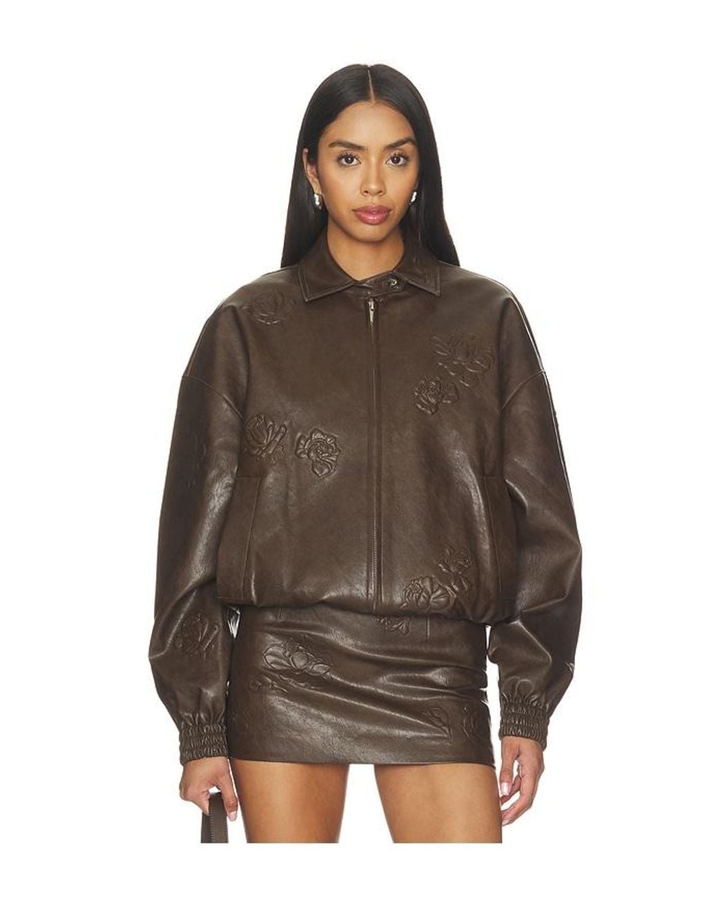 Markgong Brown Faux Leather Floral Imprinted Baseball Jacket