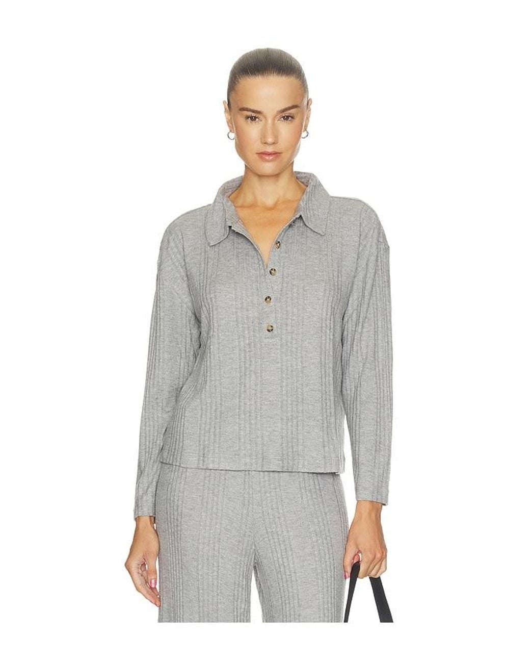Eberjey Gray Variegated Rib Long Sleeve Polo Top