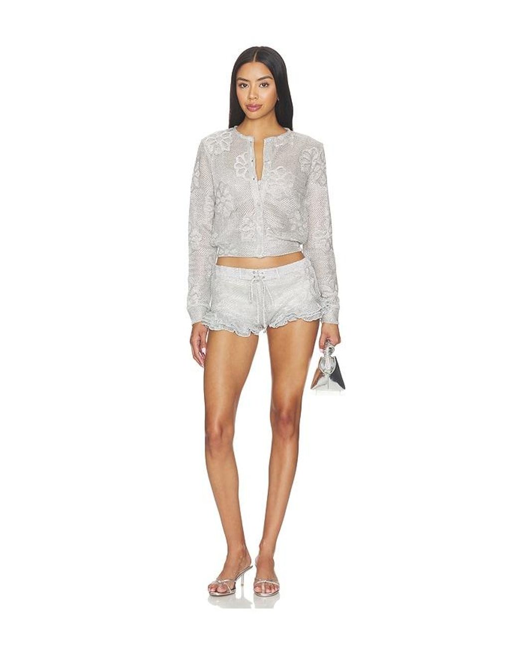 Siedres White Poli Metallic Knit Cardigan
