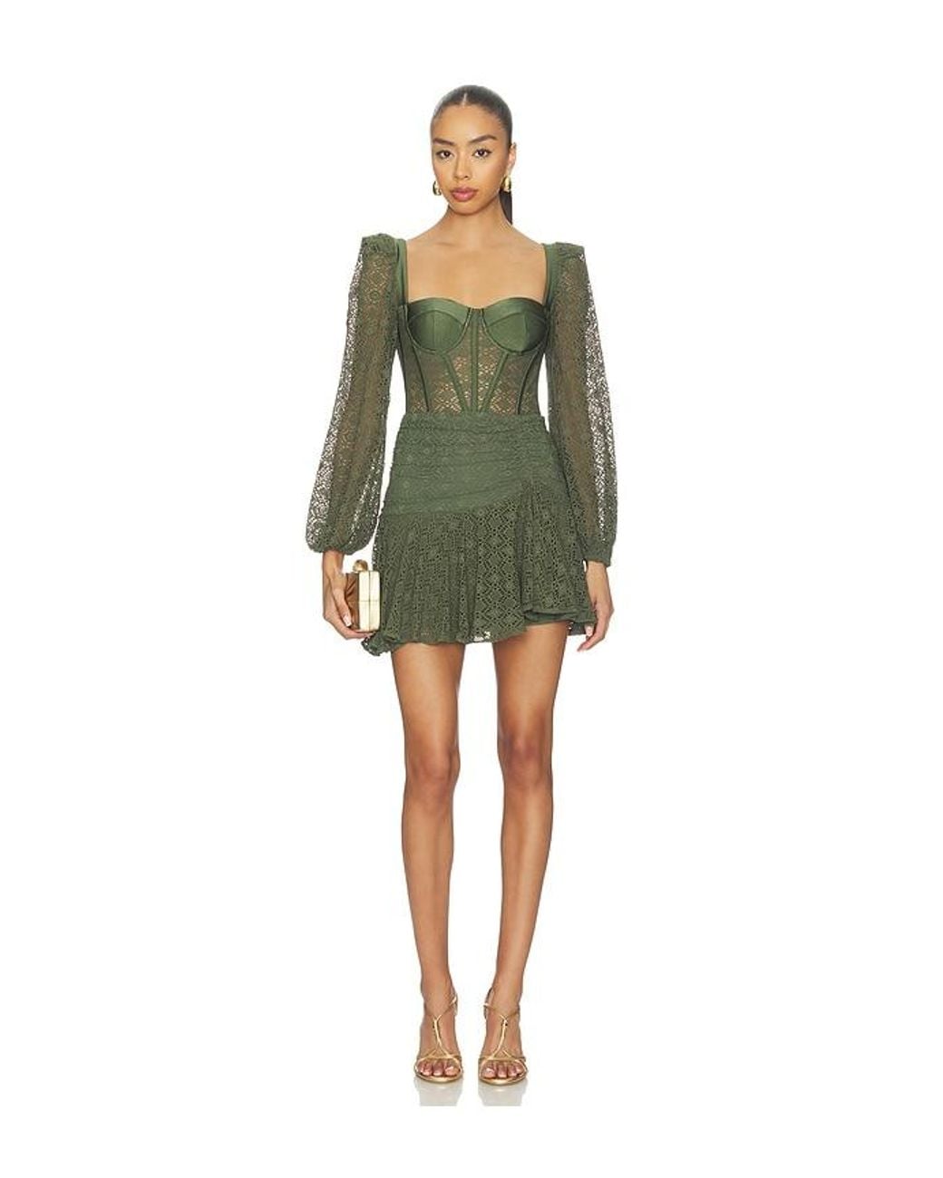 PATBO Green Sirena Mesh Long Sleeve Mini Dress