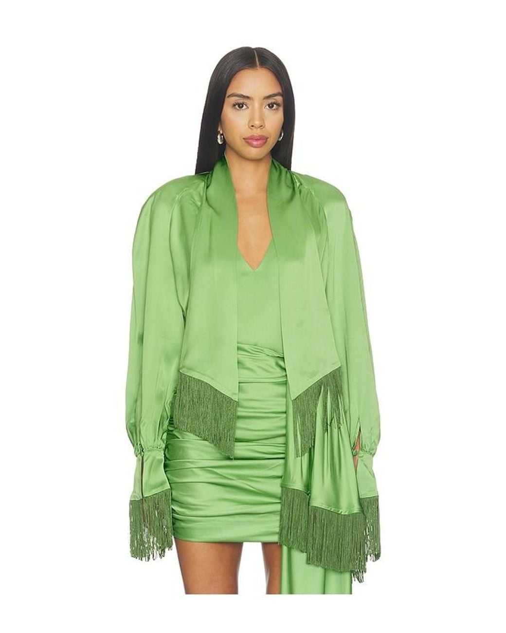 ROWEN ROSE Green Long Sleeve Fringe Top
