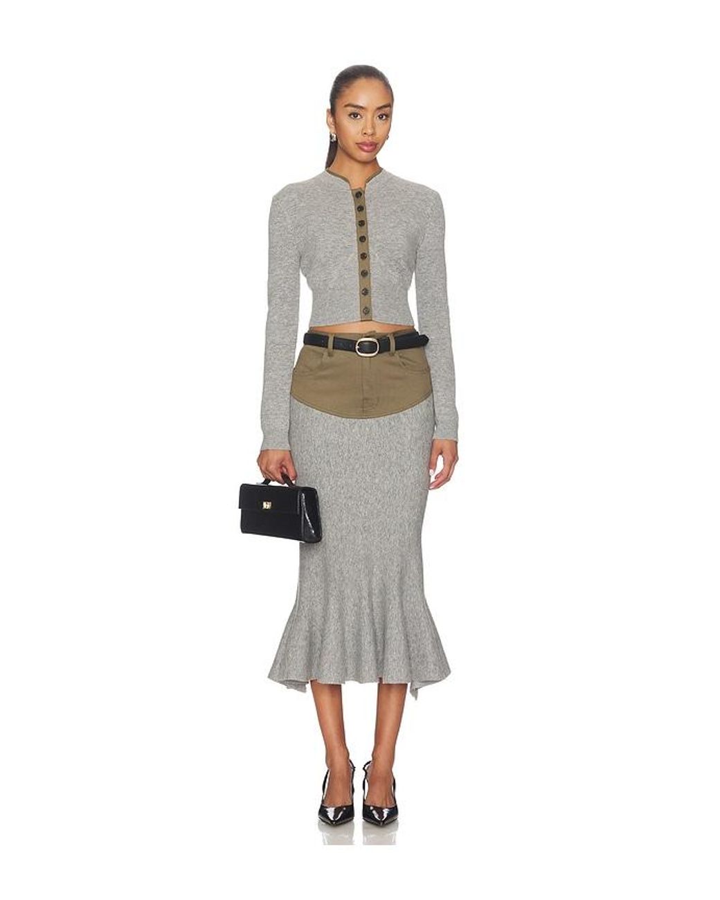 Self-Portrait Gray Knit Khaki Denim Insert Midi Skirt