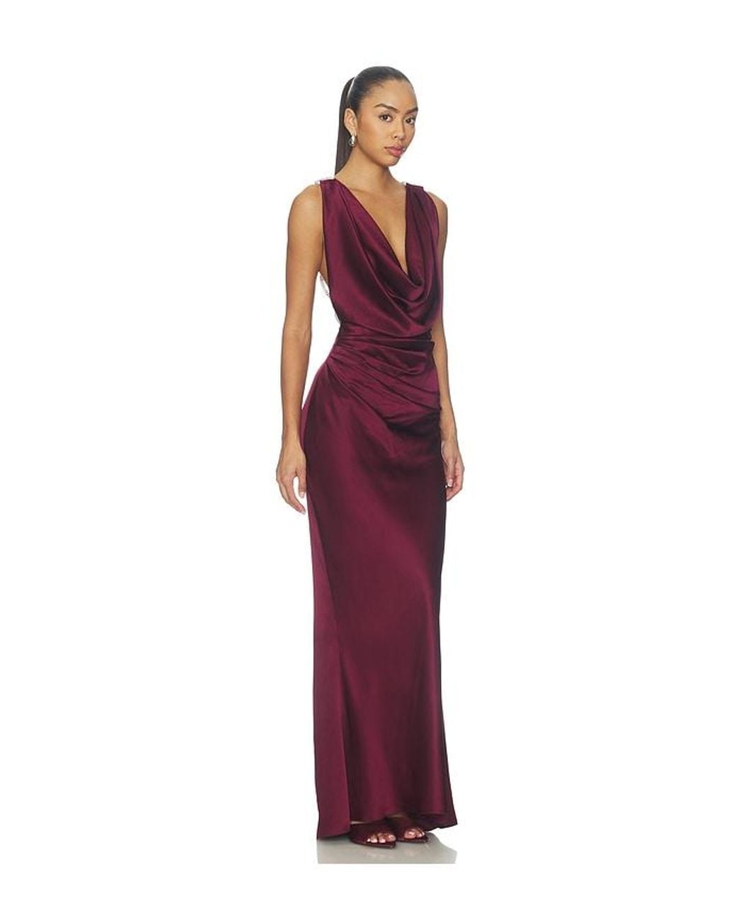 Bronx and Banco Red Silky Cowl Neck Gown With Diamond Embellished Back