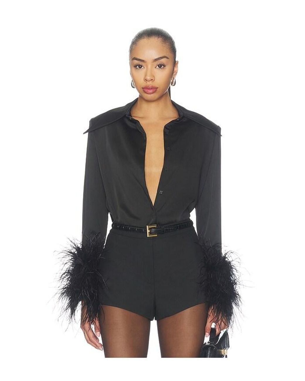 Bronx and Banco Black Button Down Blouse With Feather Cuffs
