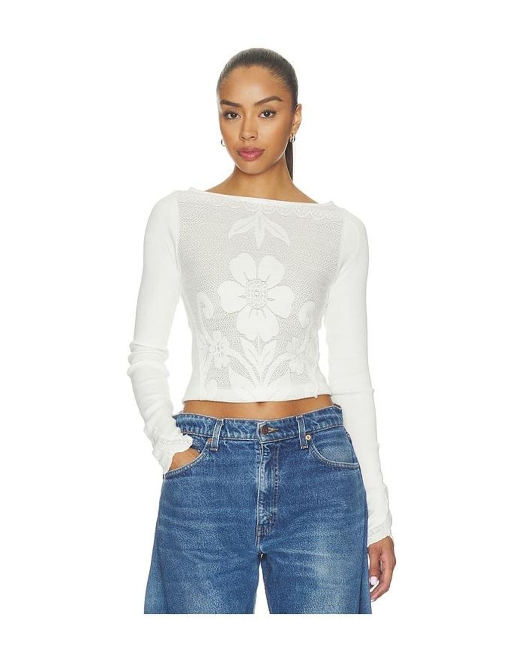 Free People White Delilah Long Sleeve Top
