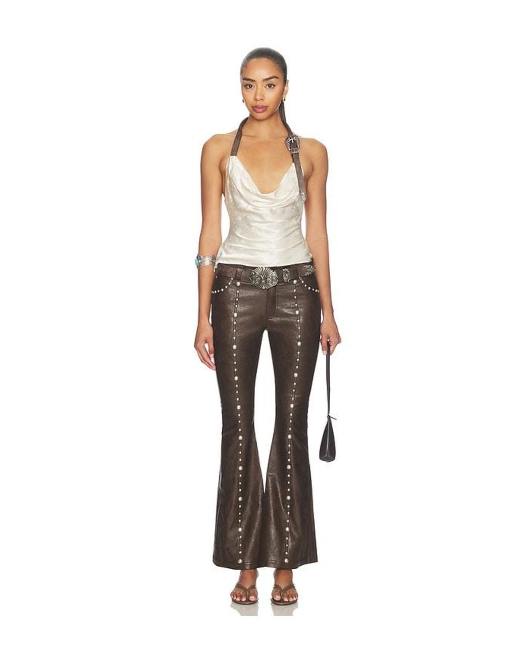 Markgong Brown Faux Leather Studded Flared Pant