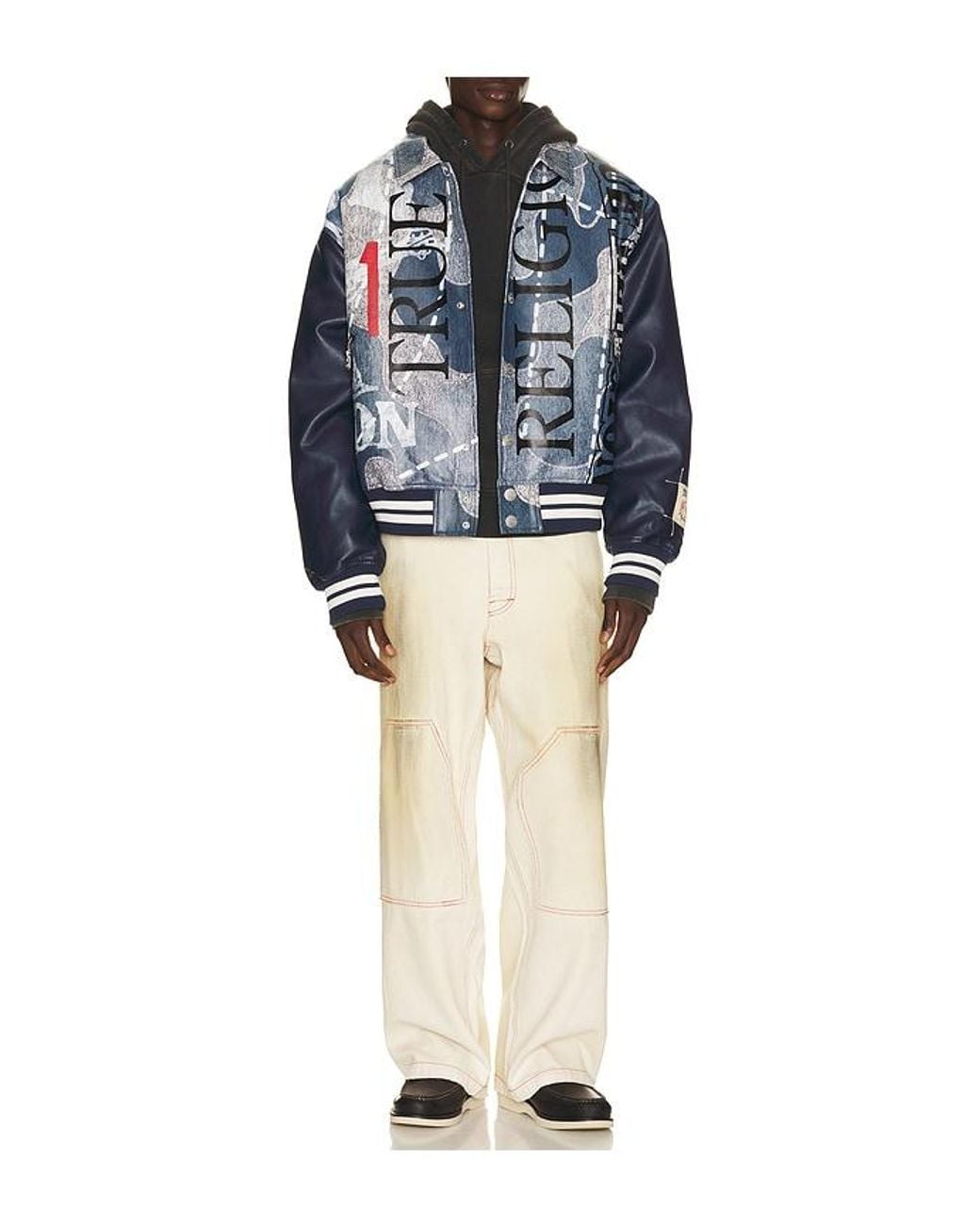 True Religion Blue Denim Print Bomber Jacket for men