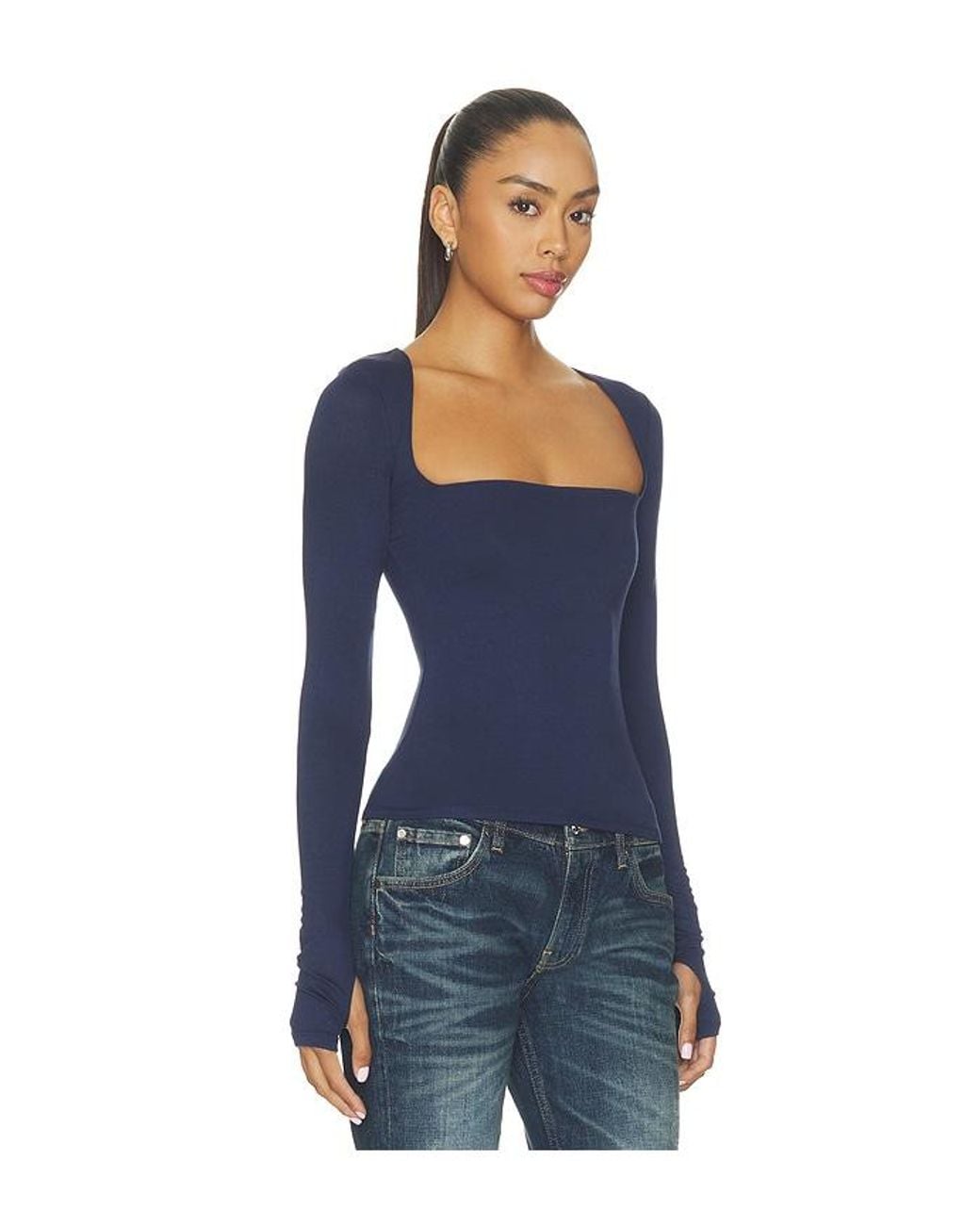 AFRM Blue Ines Knit Crepe Top
