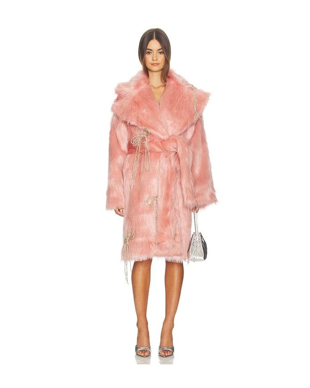 Milkwhite Pink Faux Fur Coat With Faux Pearls