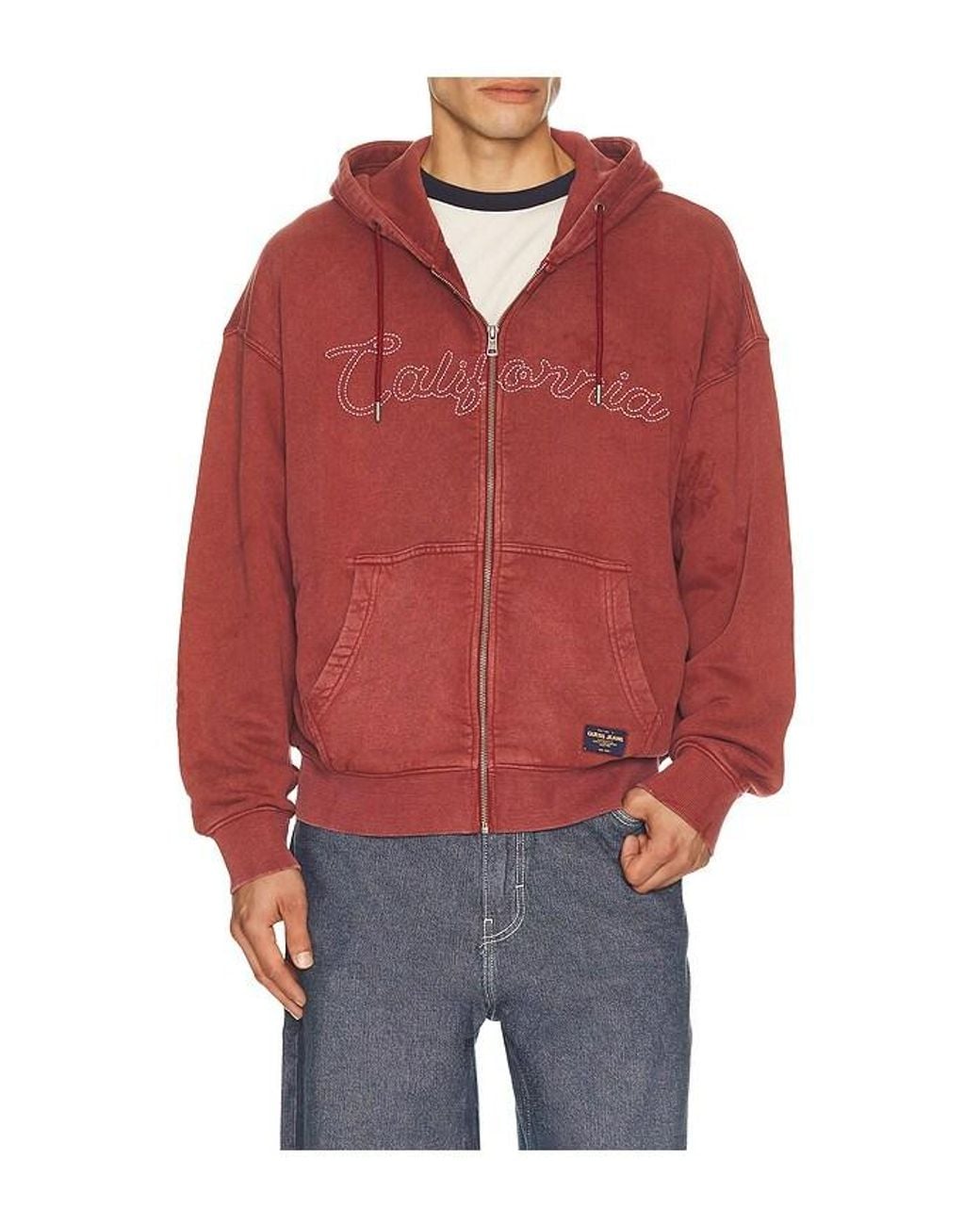 Guess Red Chain Stitch Zip Up Hoodie for men