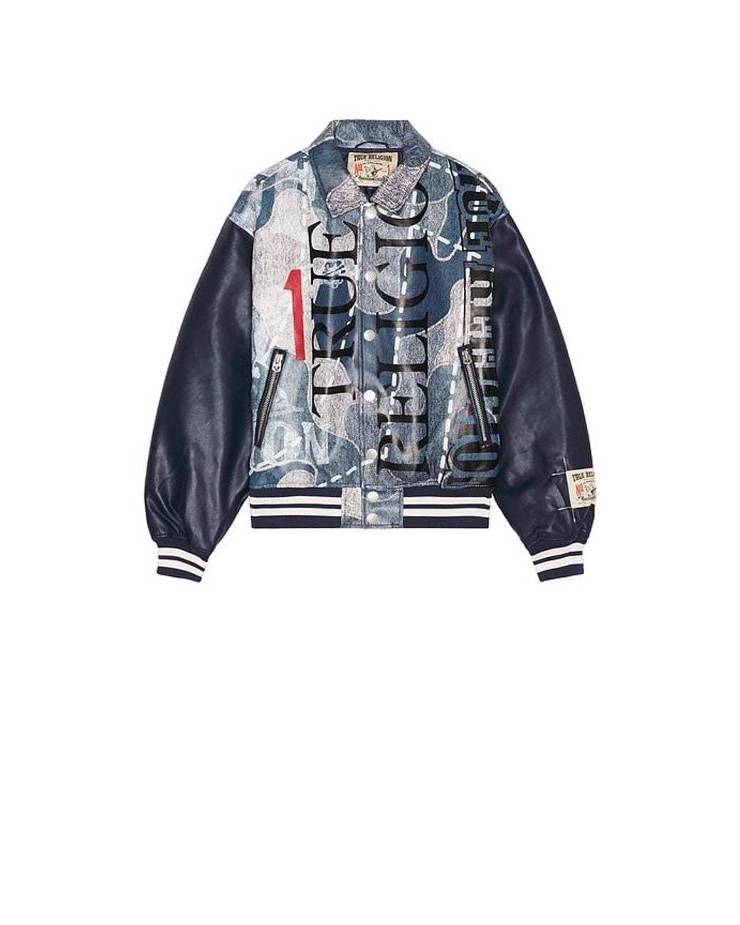 True Religion Blue Denim Print Bomber Jacket for men