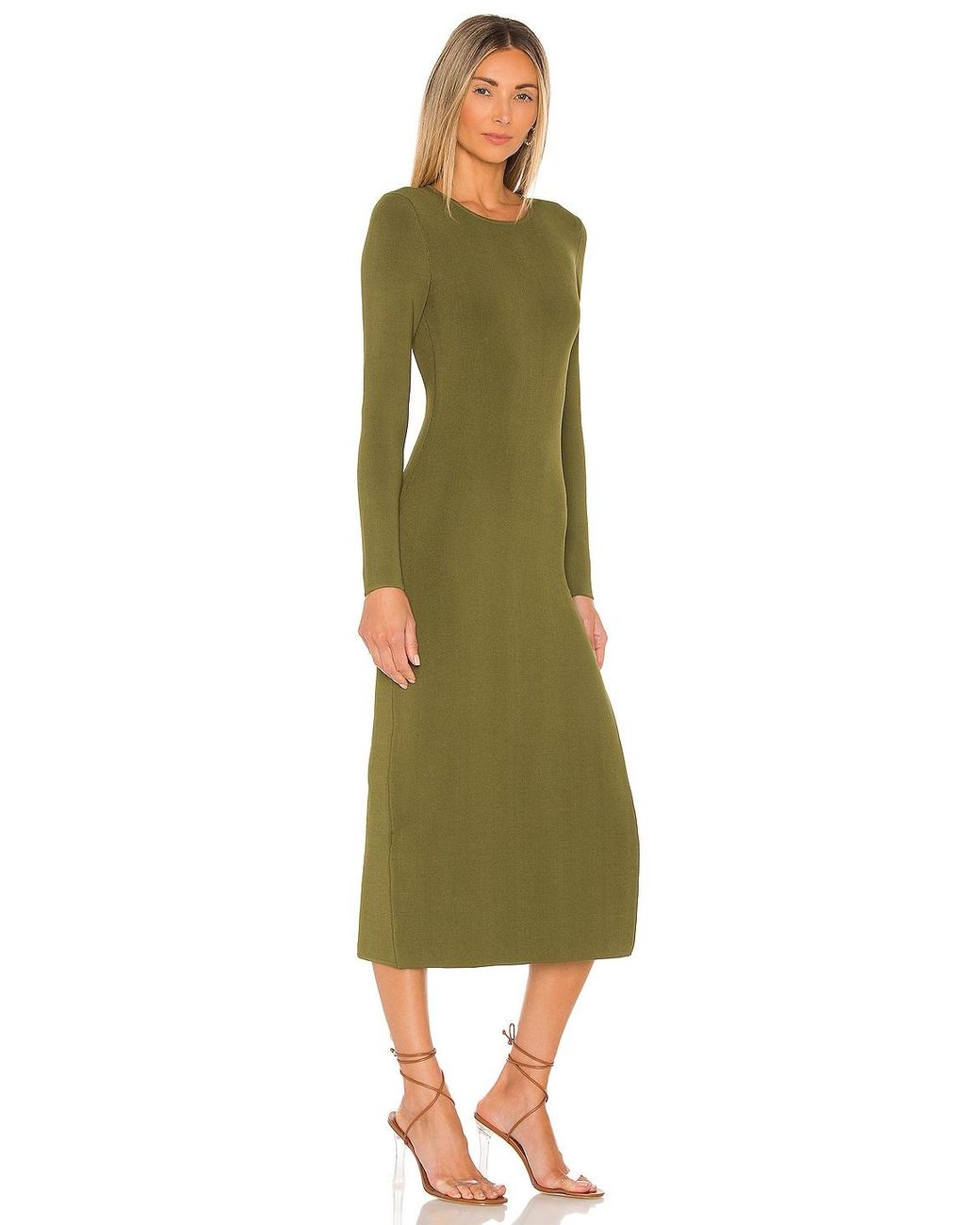 olive green midi dress with sleeves