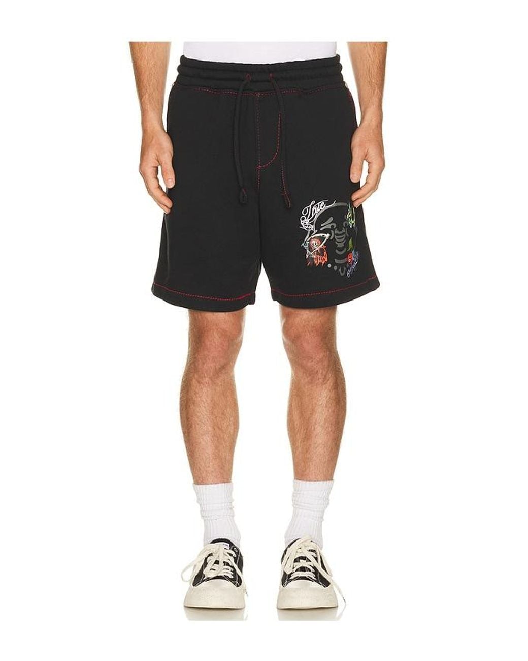 True Religion Black Buddha Face Big T Fleece Shorts for men