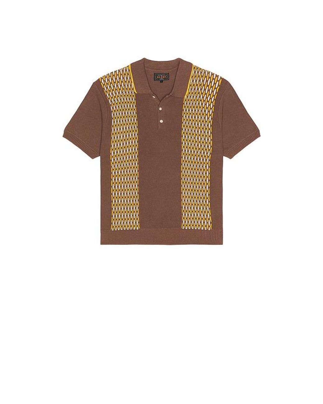 Beams Plus Brown Knit Polo Front Stripe Jacquard for men