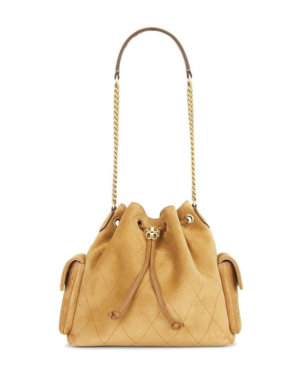 Tory Burch Metallic Charlie Quilted Suede Drawstring Shoulder Bag