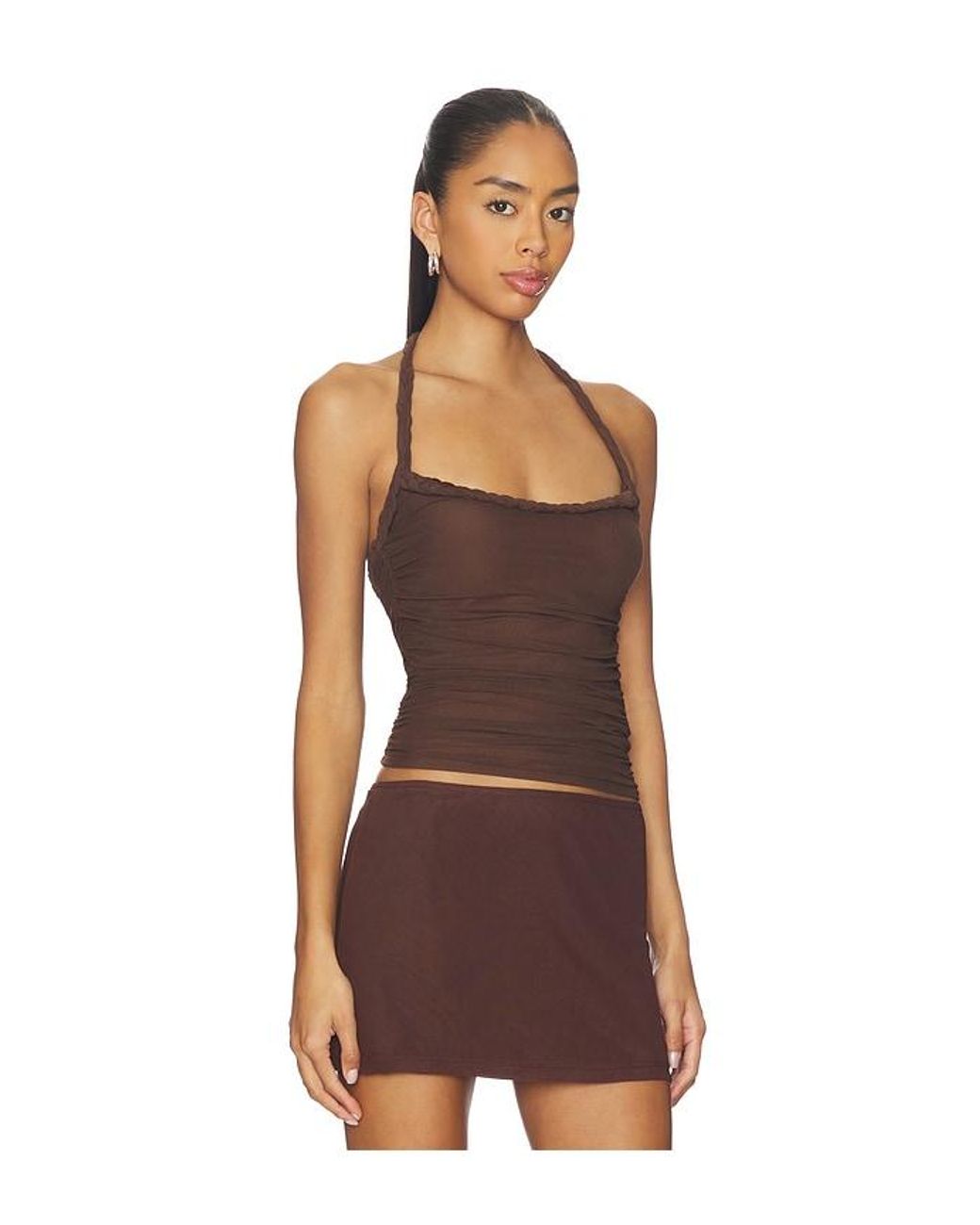 SNDY'S Brown Gianna Ruched Halterneck Top