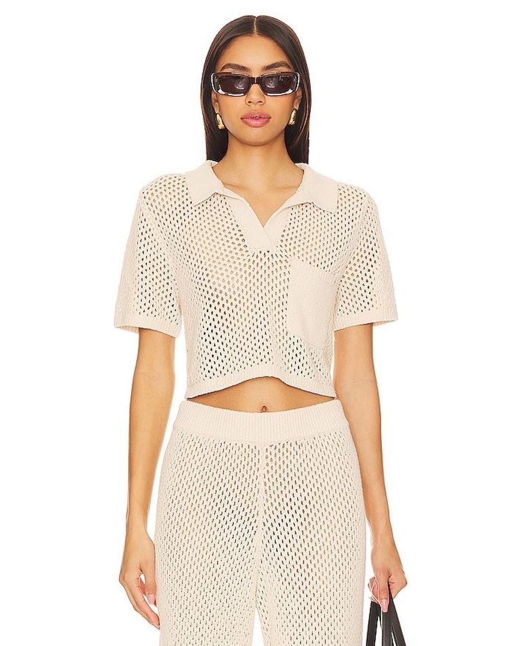 Onia Natural Crochet Cropped Polo Top