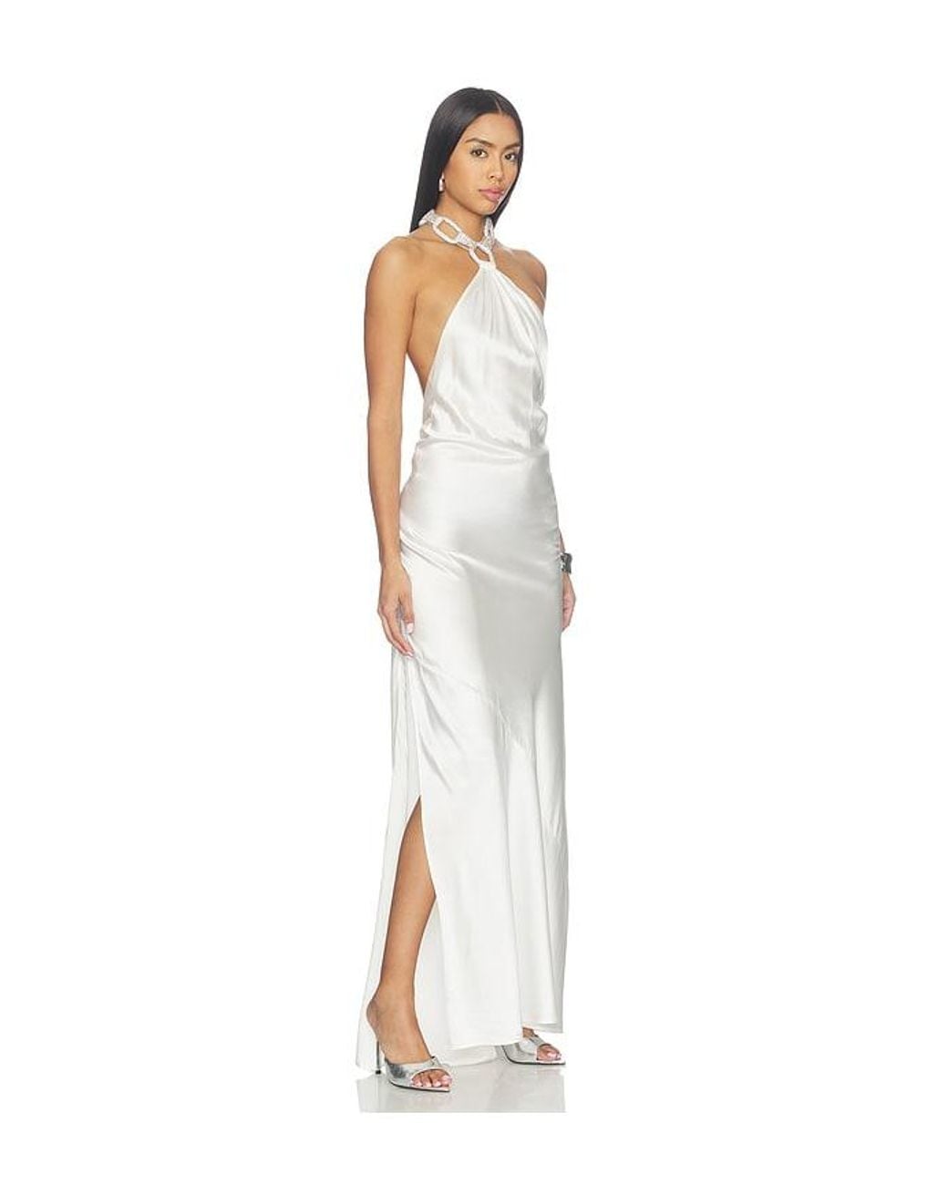 Bronx and Banco White Silky Halterneck Gown With Diamond Chain