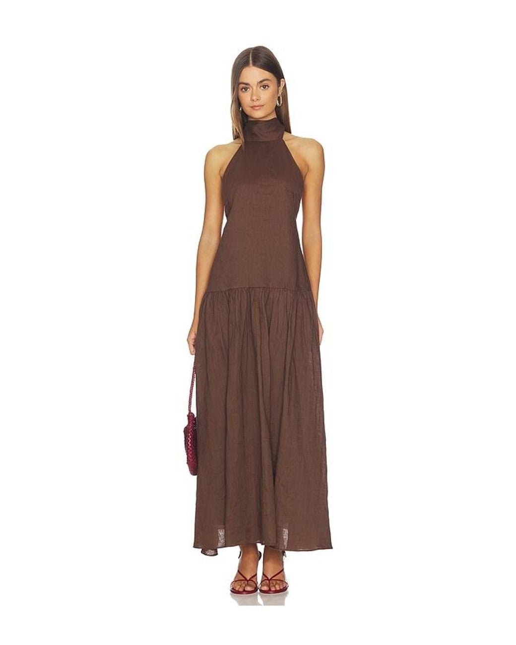 AEXAE Brown Linen Halter Drop Waist Maxi Dress