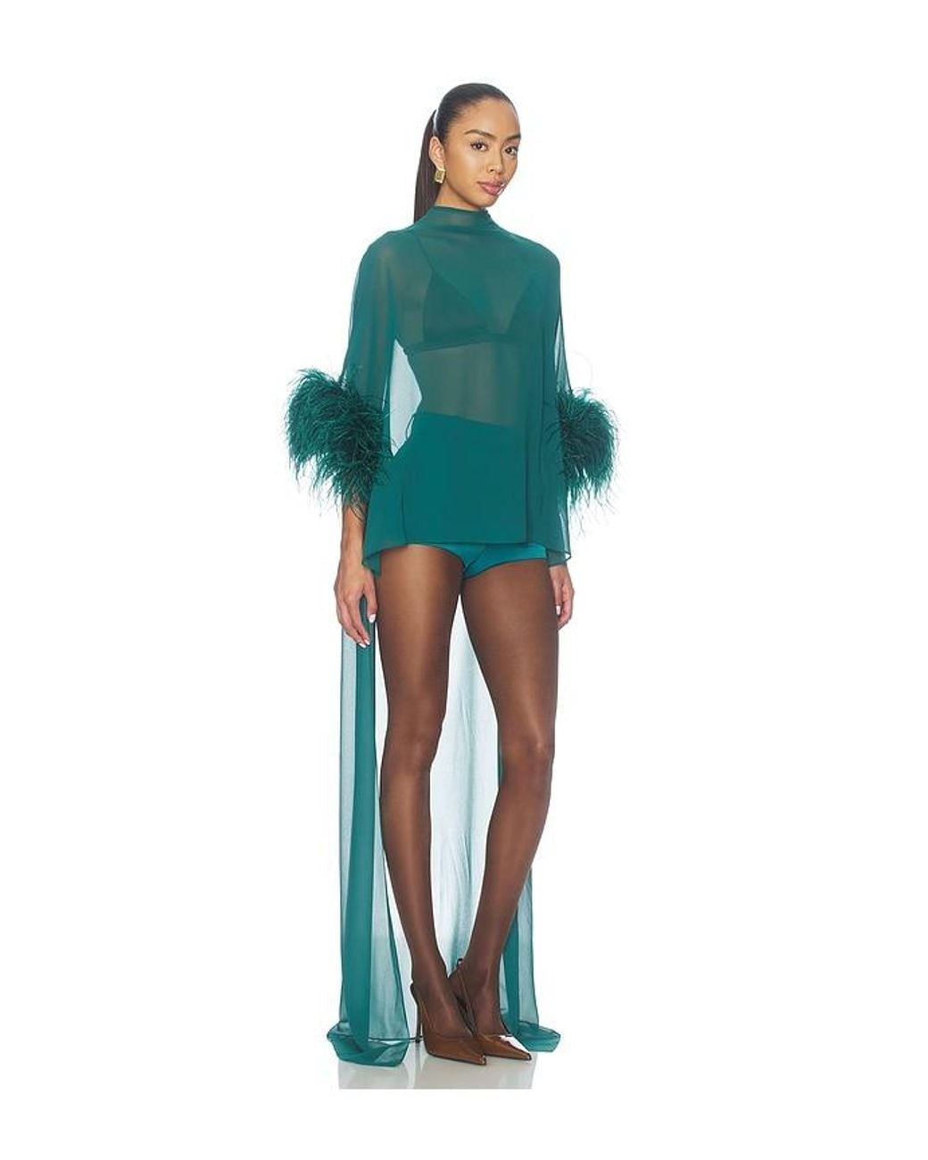 LAPOINTE Green Lightweight Georgette High Low Mock Neck Top With Feathers