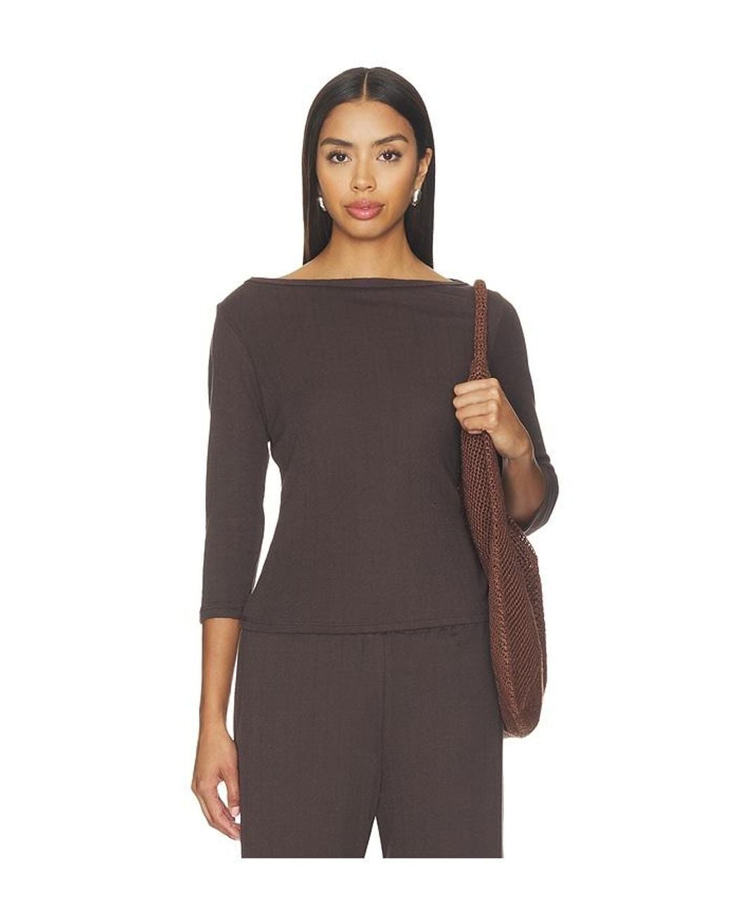 VIR VITA Brown Florence Boatneck Pointelle Top