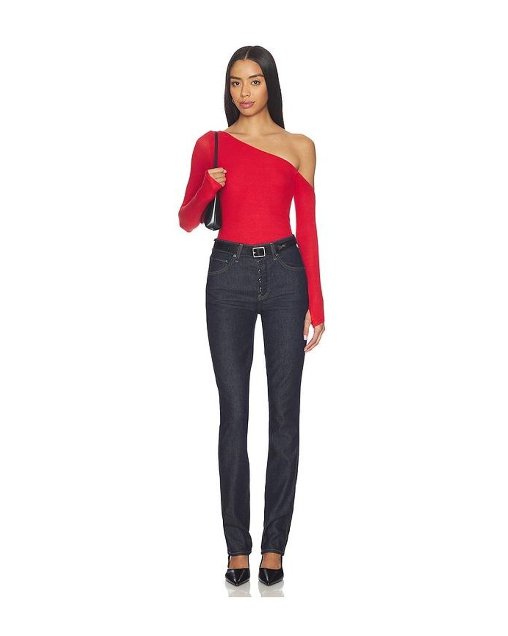 Michael Lauren Red Magdaleno Asymmetrical Fitted Cold Shoulder Top