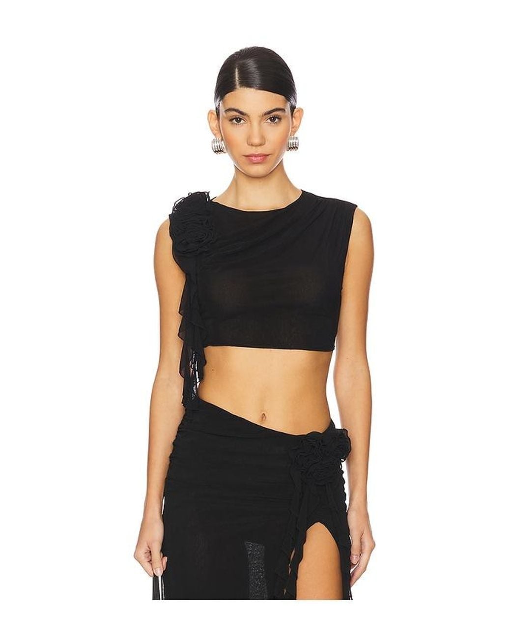 Nbd Black Mesh Floral Ruffle Top