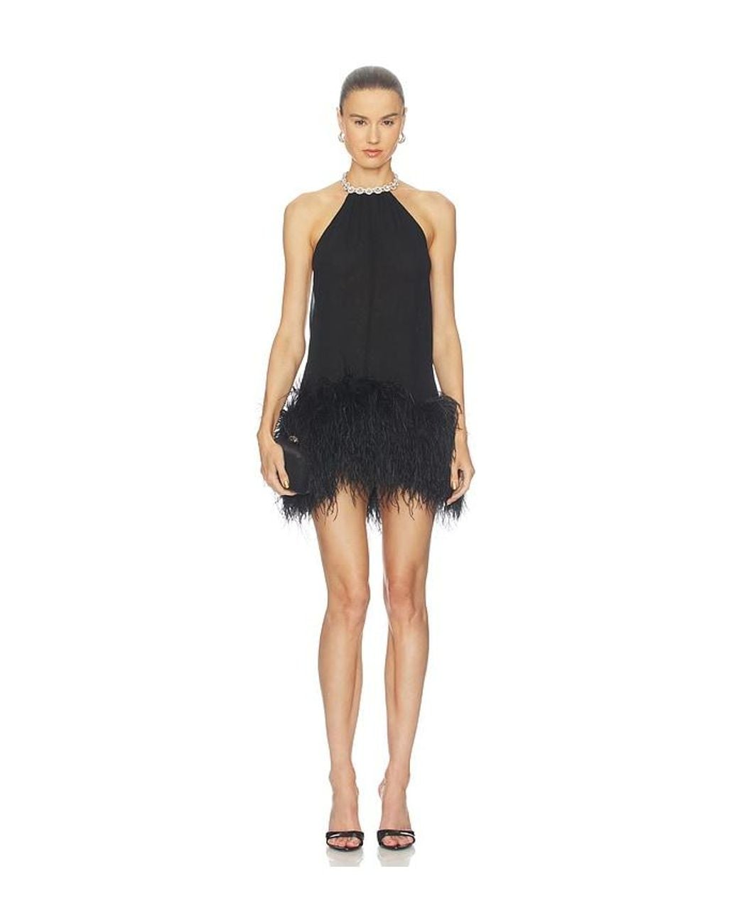 Bronx and Banco Black Halter Neck Mini Dress With Feather Trim