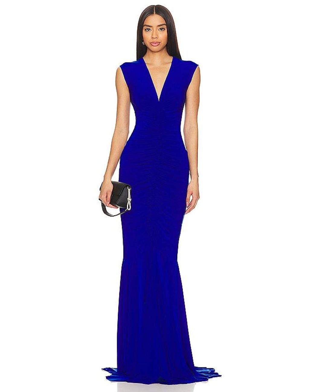 Norma Kamali Sleeveless Deep V Neck Shirred Front Fishtail Gown in Blue |  Lyst
