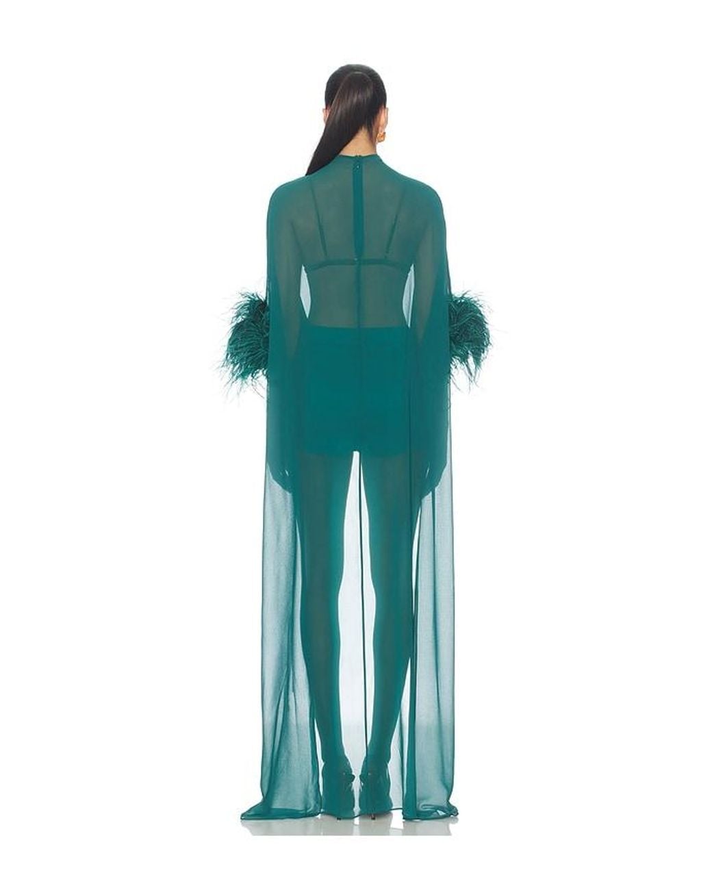 LAPOINTE Green Lightweight Georgette High Low Mock Neck Top With Feathers