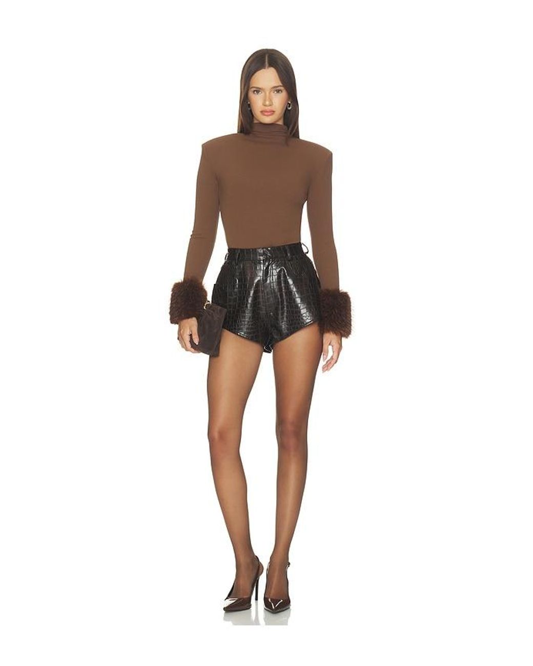 Bronx and Banco Brown Long Sleeve Bodysuit With Faux Fur Cuffs