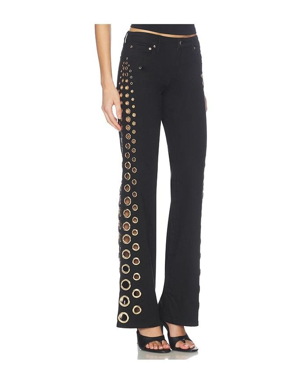 Alice + Olivia Black Roxie Low Rise Straight Flare Full Length Jean With Grommets