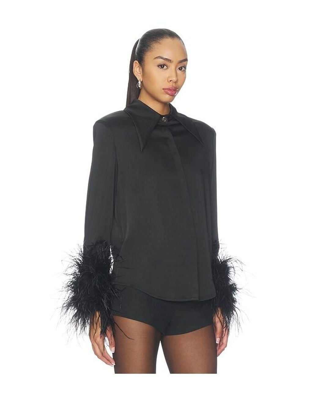 Bronx and Banco Black Button Down Blouse With Feather Cuffs