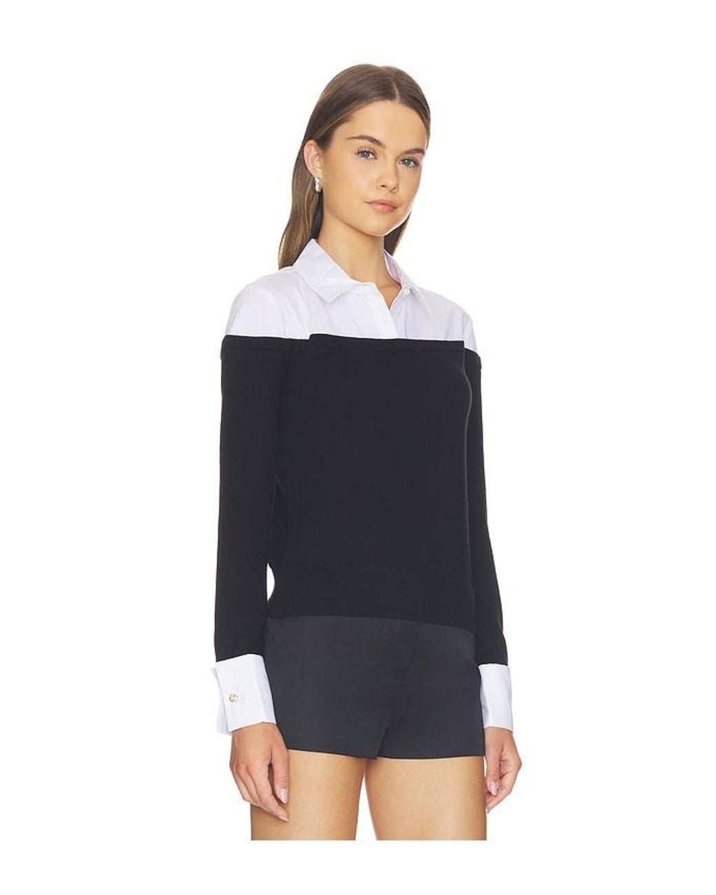 L'Agence Black Mathilde Pupplin Cuff Collared Polo