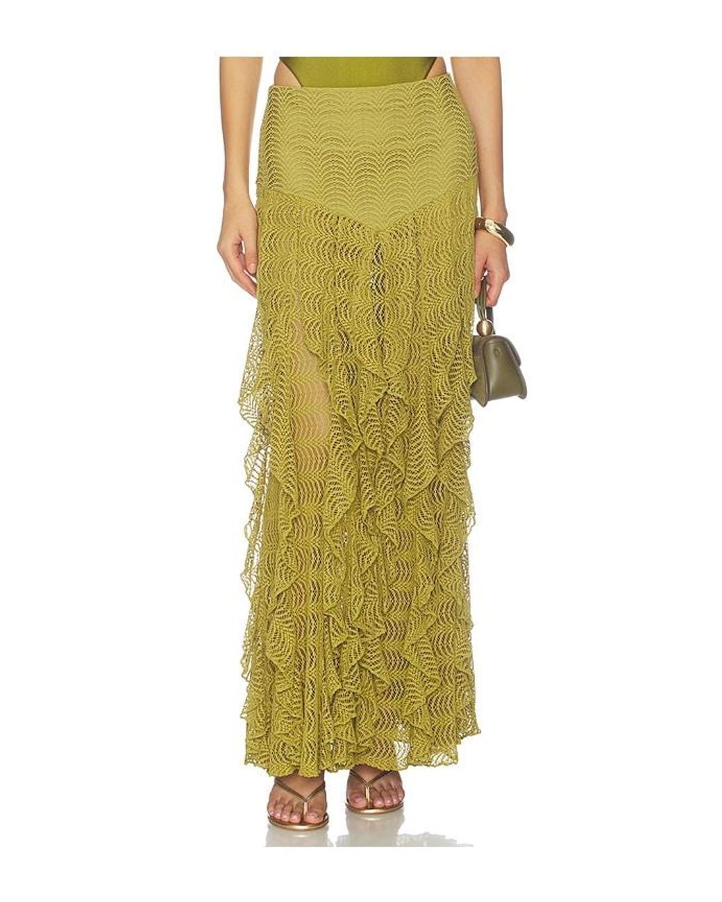 PATBO Green Petal Sheen Mesh Maxi Skirt