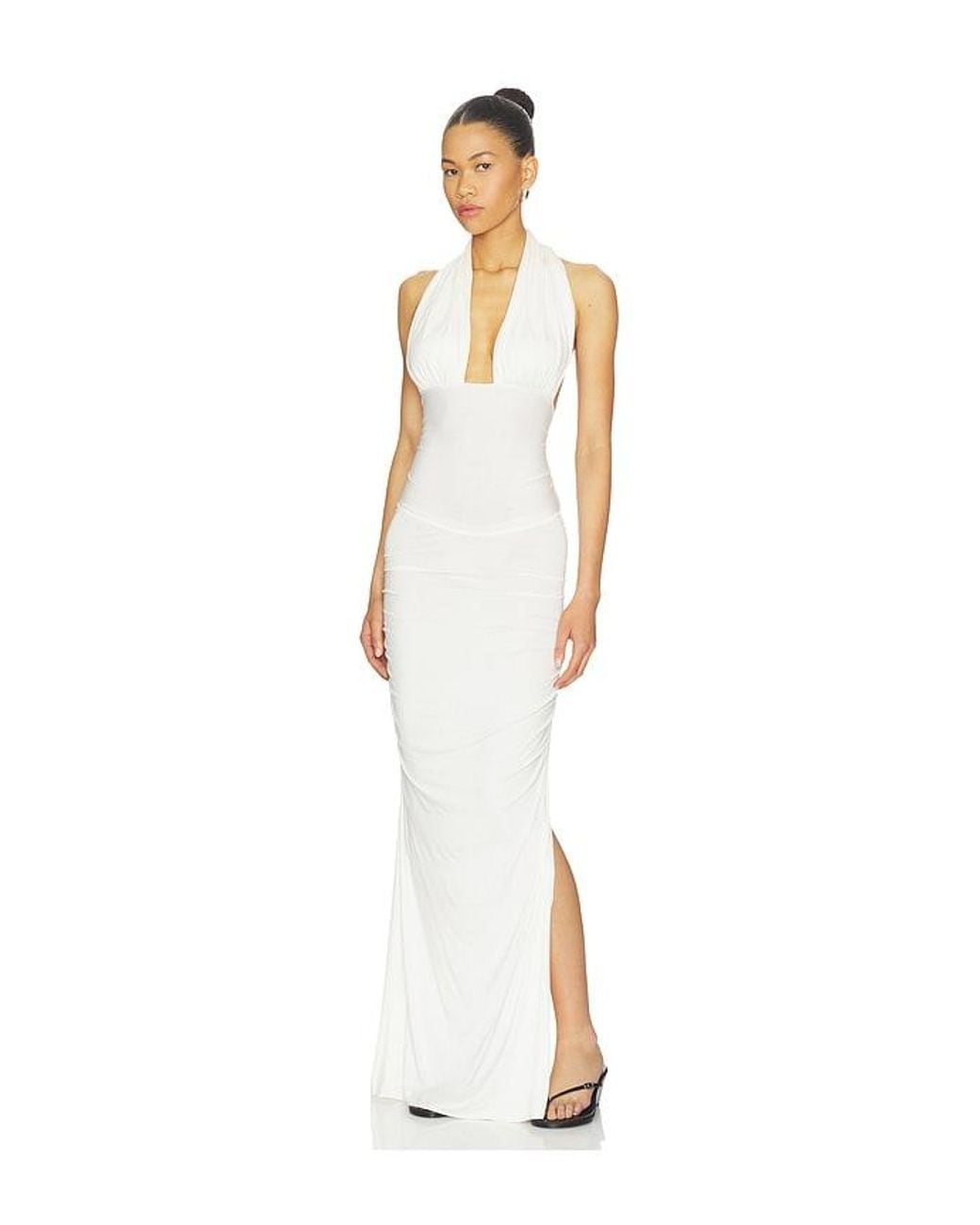 Indah White Amanda Solid Halter Maxi Dress