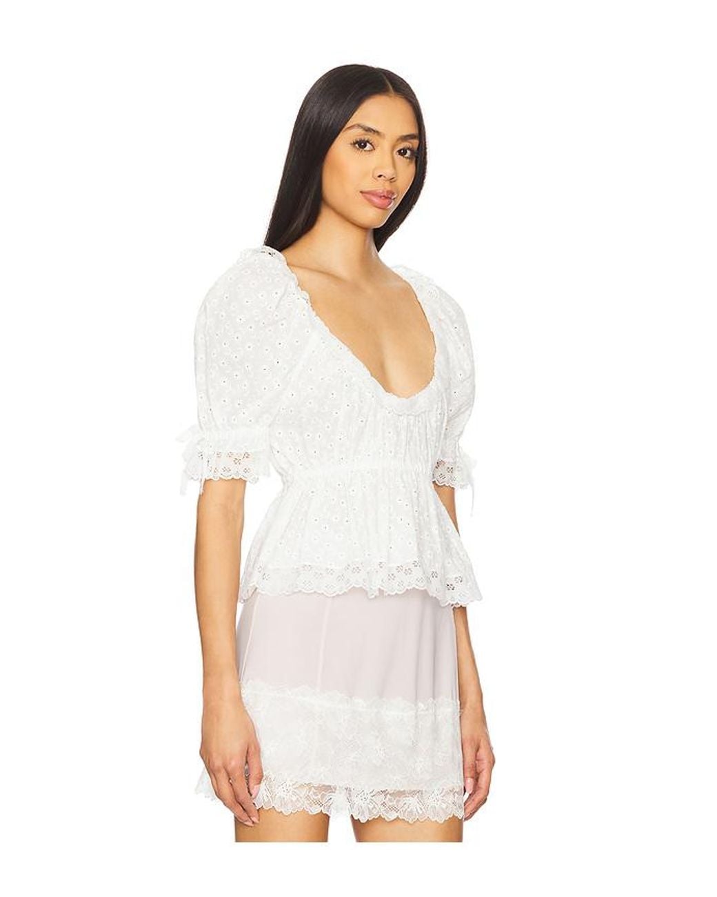 YUHAN WANG White Floral Embroidered Short Sleeve Blouse