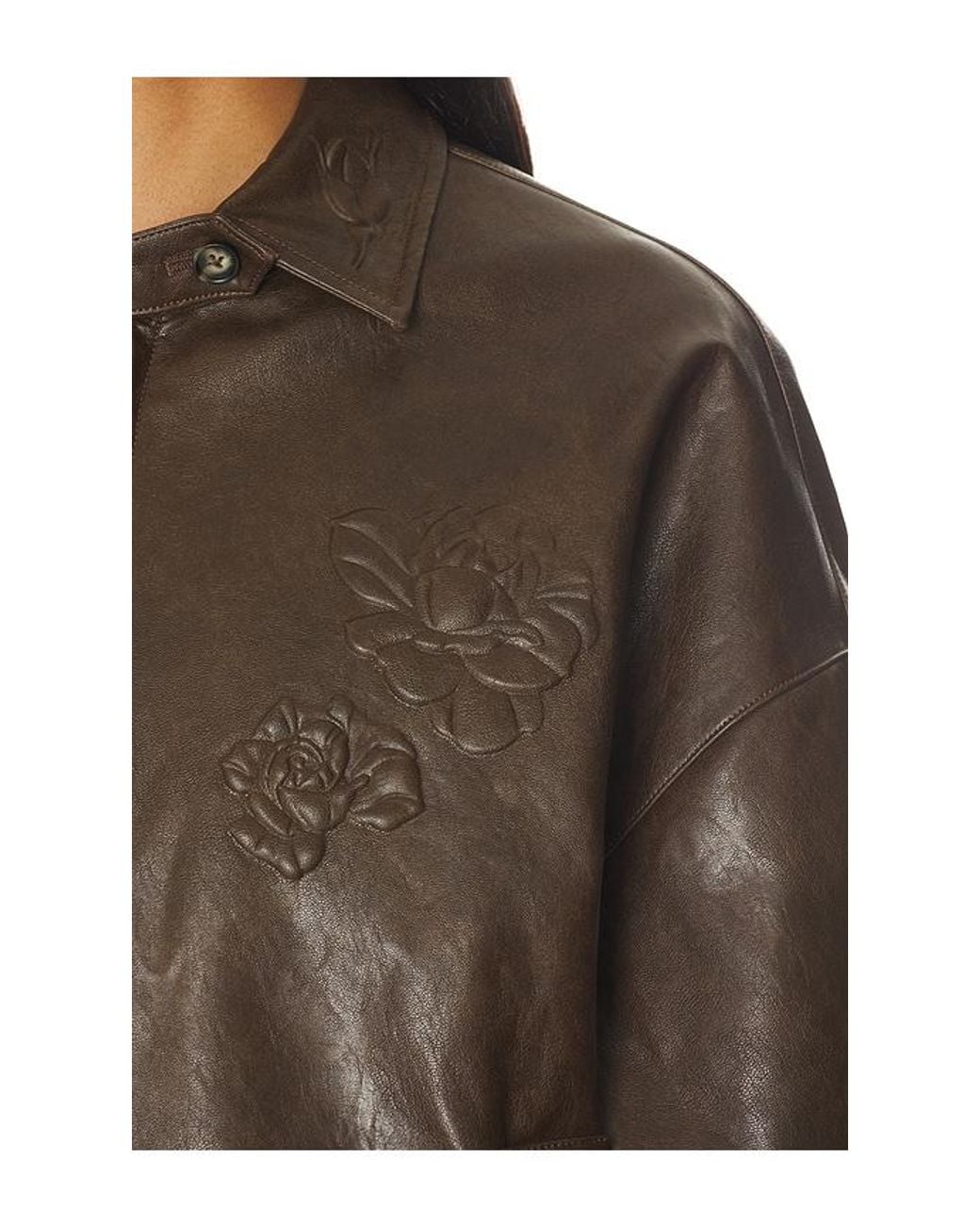 Markgong Brown Faux Leather Floral Imprinted Baseball Jacket