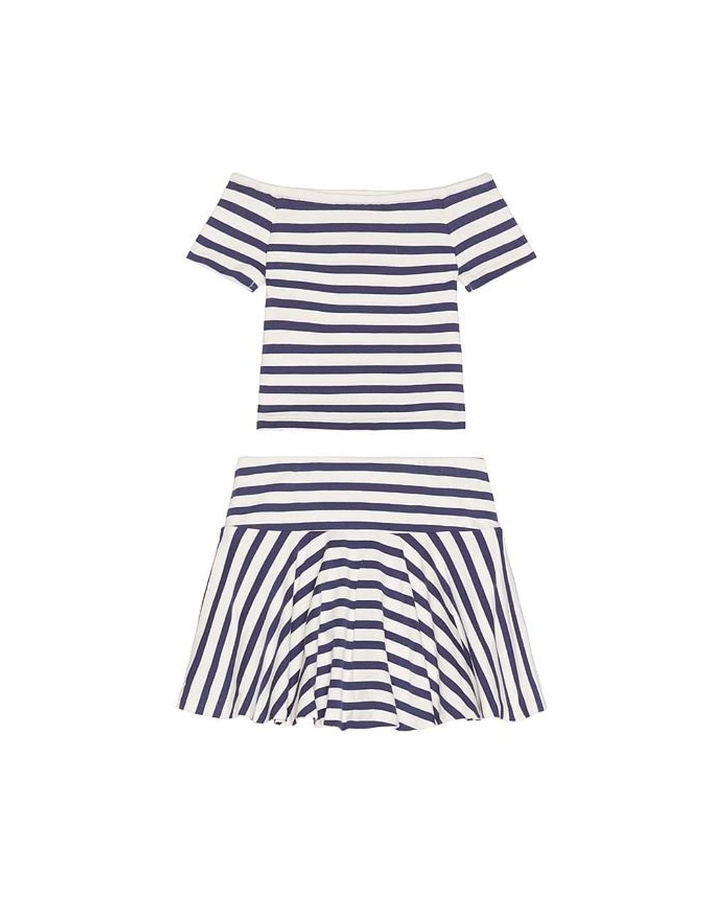 Polo Ralph Lauren White Short Sleeve Cotton Jersey Knit Striped Shirt With Skirt