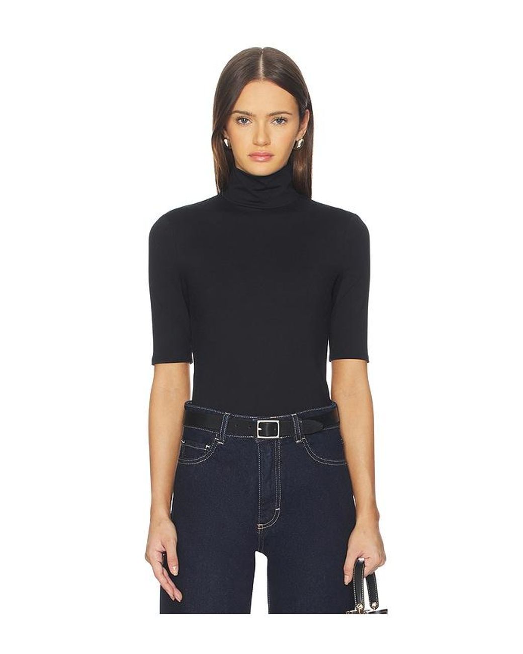 Susana Monaco Black Mock Neck Elbow Sleeve Top