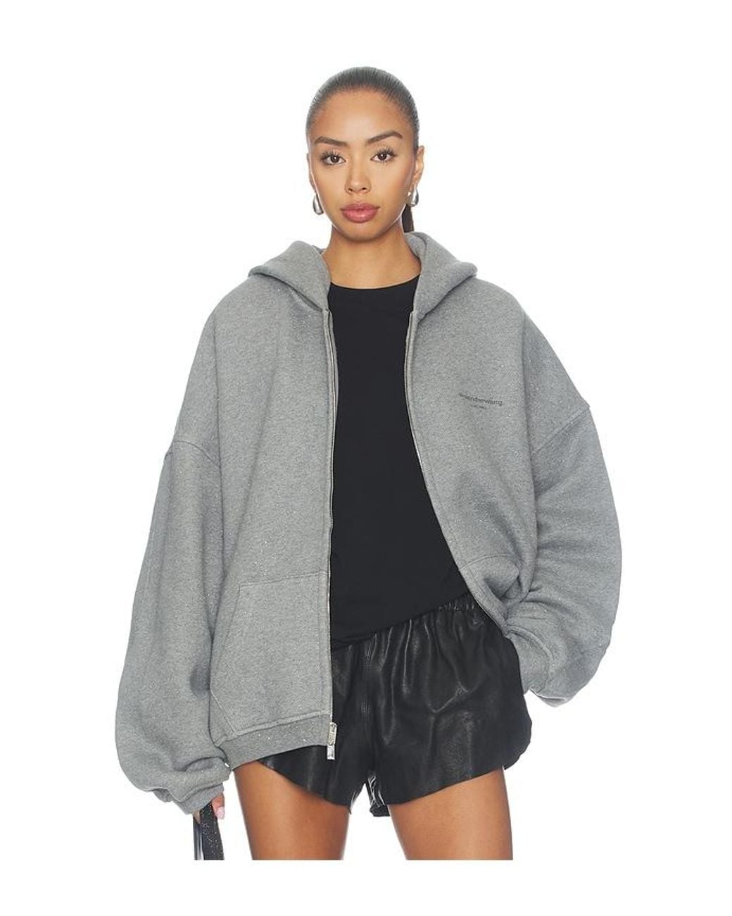 Alexander Wang Gray Oversized Zip-Up Hoodie With Allover Hotfix