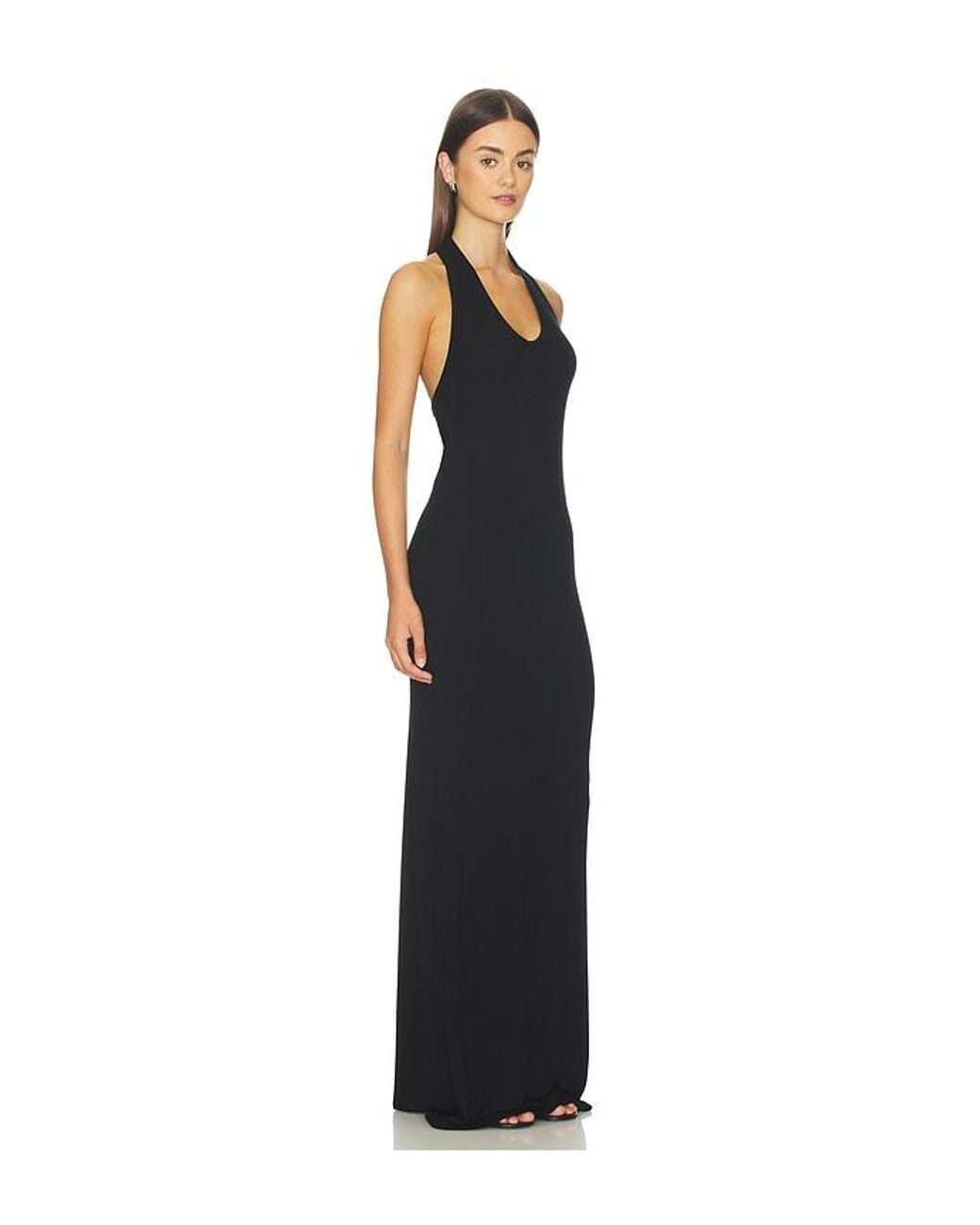 Enza Costa Black Silk Rib U-Neck Halter Fluid Maxi Dress