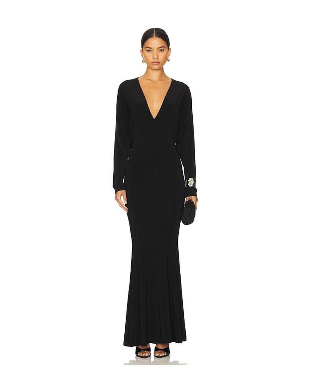 Norma Kamali Black Dolman V Neck Fishtail Gown