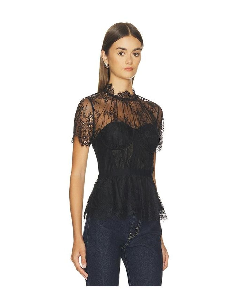 Jonathan Simkhai Blue Kehlani Lingerie Lace Short Sleeve Bustier Top