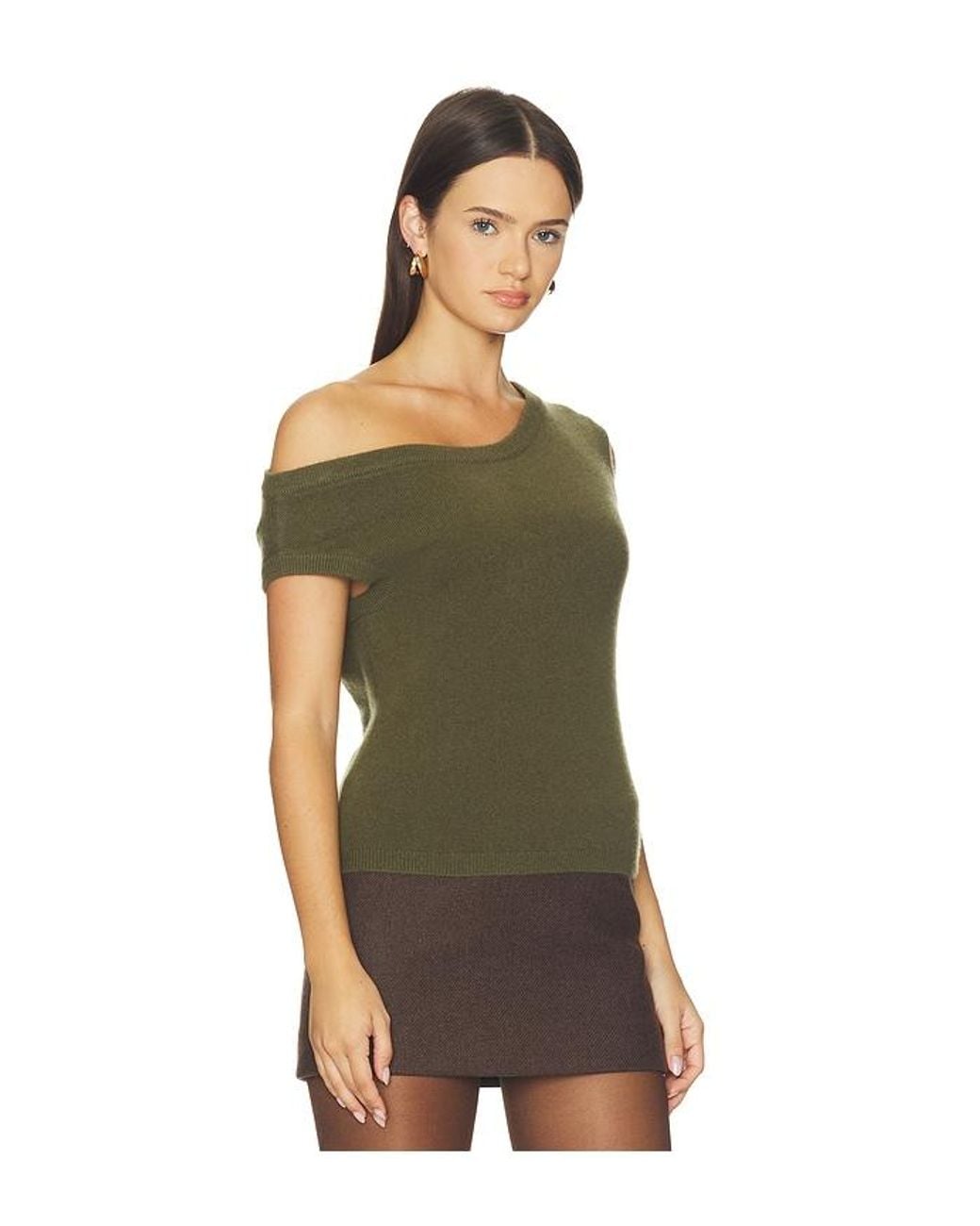 White + Warren Green Cashmere Off Shoulder Top