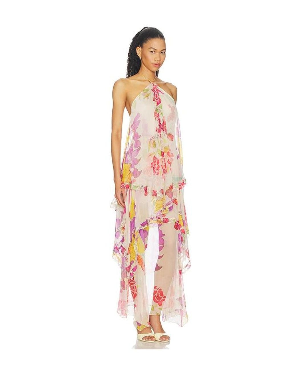 Donde Esteban White Flores Silk Chiffon Long Halter Dress