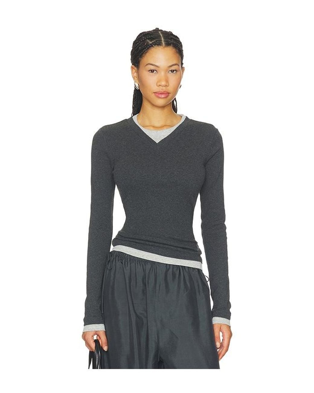 St. Agni Black Organic Cotton V Neck Long Sleeve Top