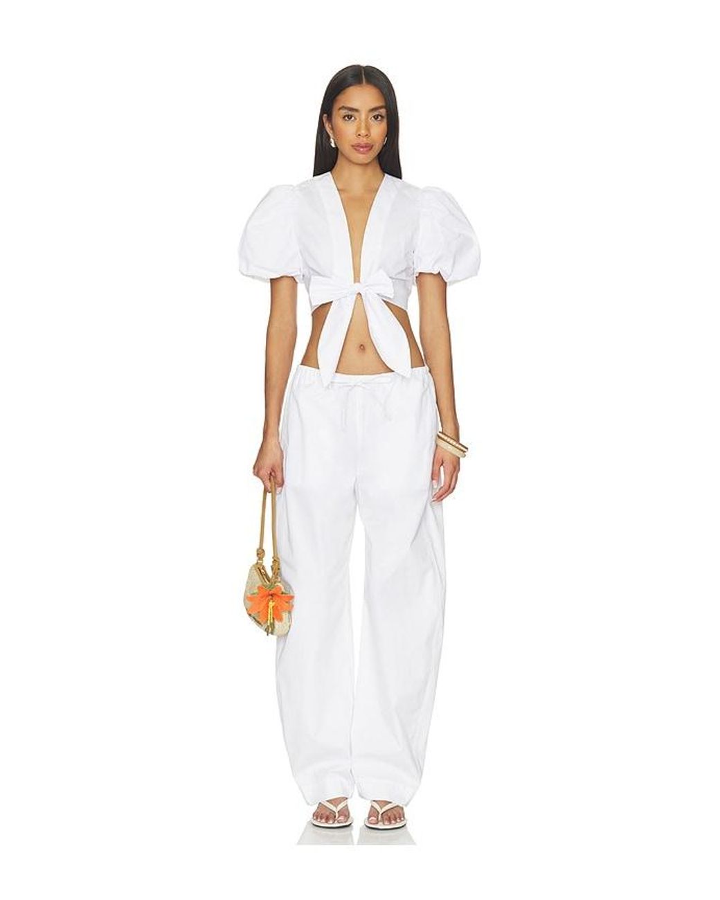 Susana Monaco White Poplin Bubble Sleeve Tie Front Top