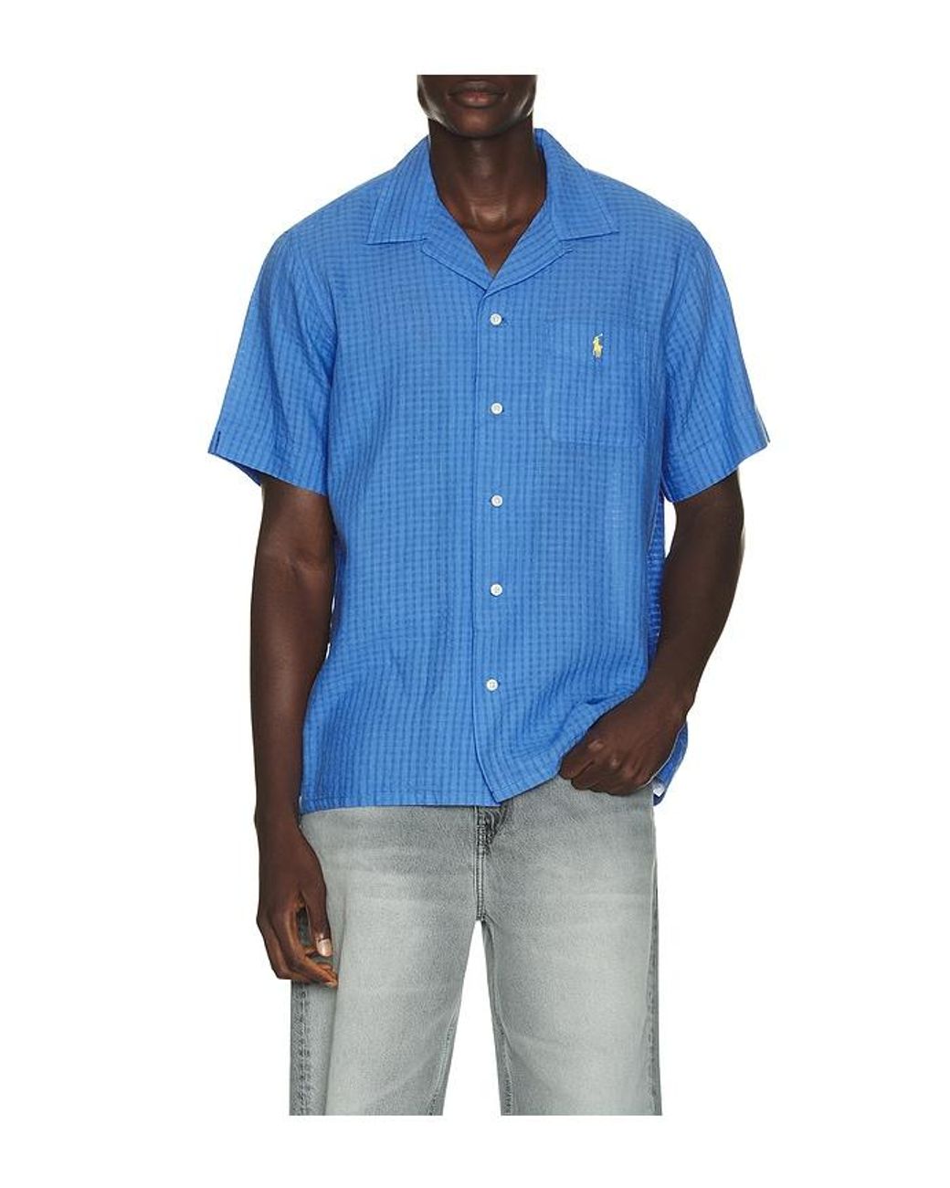 Polo Ralph Lauren Blue Short Sleeve Seersucker Linen Andy Camp Shirt for men