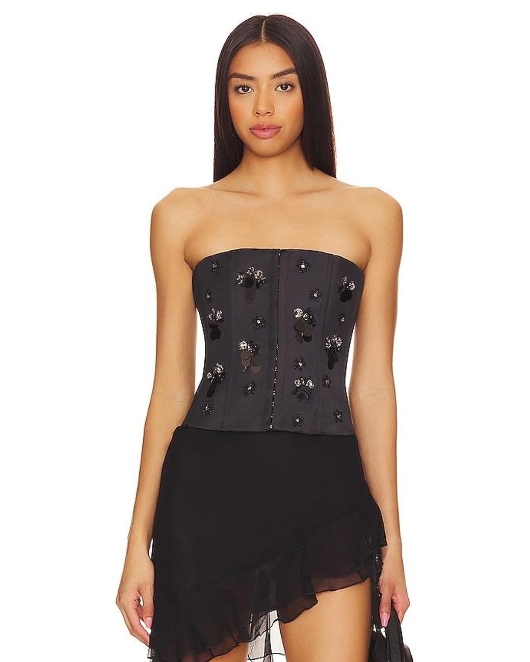 GUIZIO Black Embellished Satin Corset